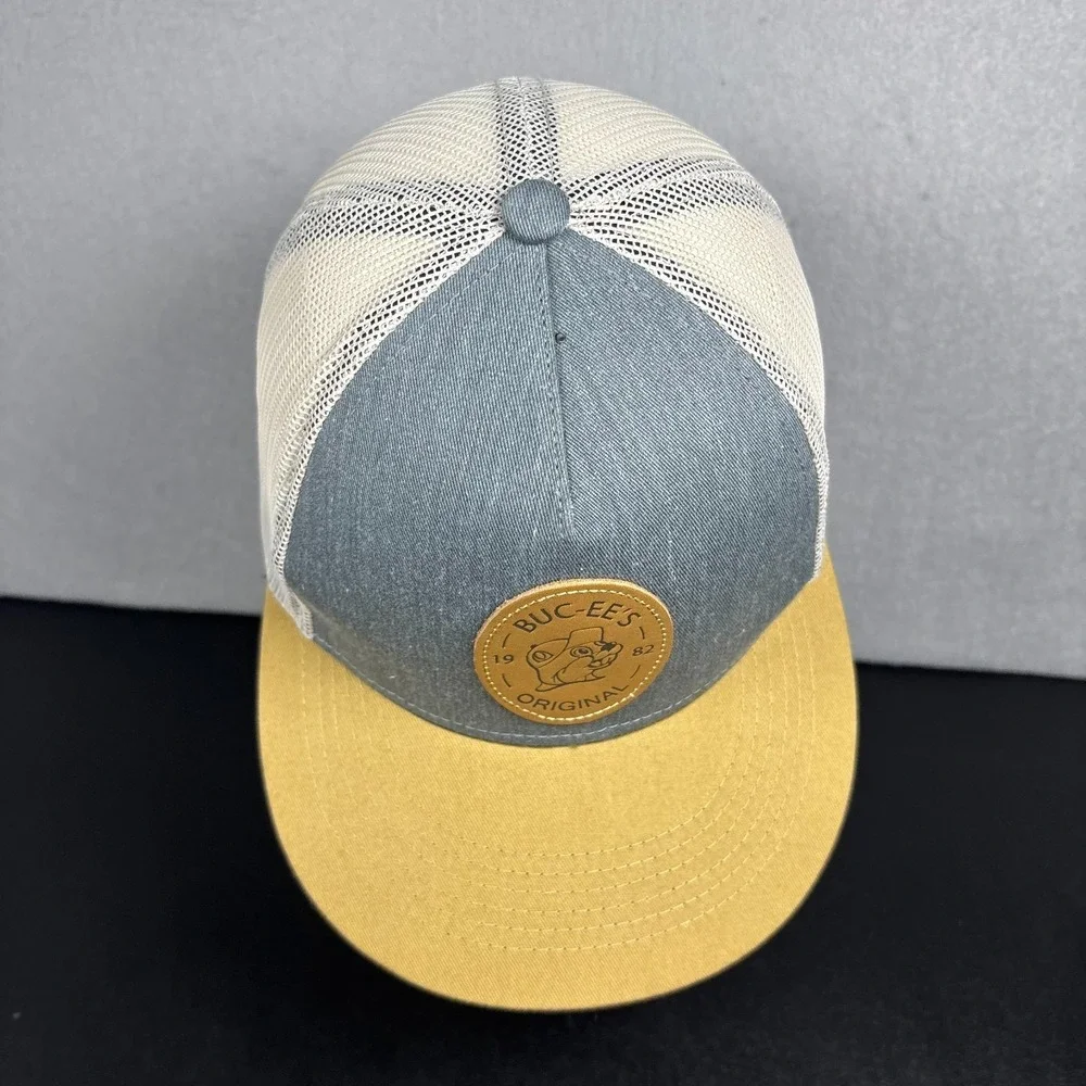 Buc-ees Beaver Original Leather Patch Snapback Trucker Hat Gray Tan Unisex OSFM